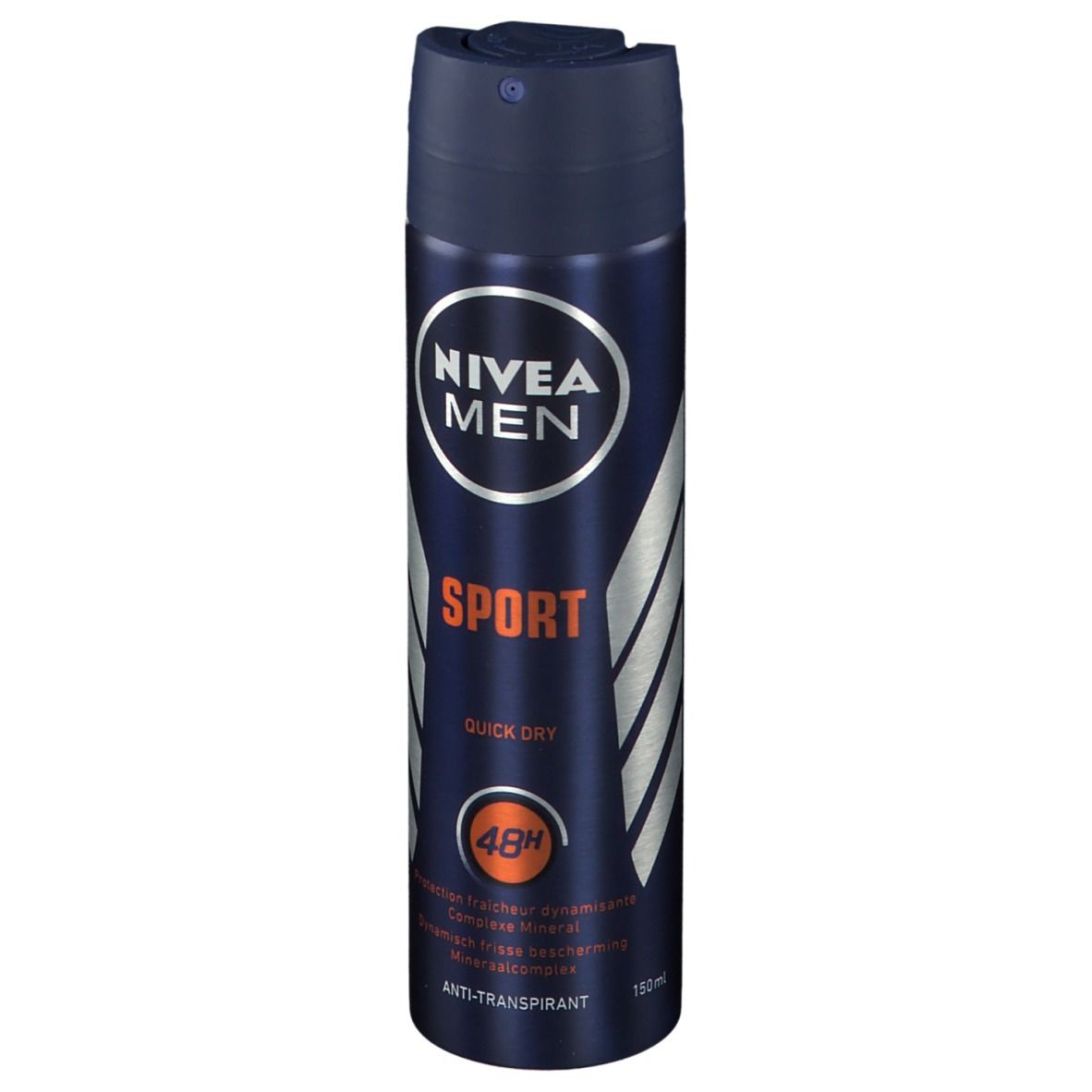 Donkerblauwe spuitfles met wit logo en tekst NIVEA MEN SPORT. Oranje 48H-aanduiding. Zilveren accenten.