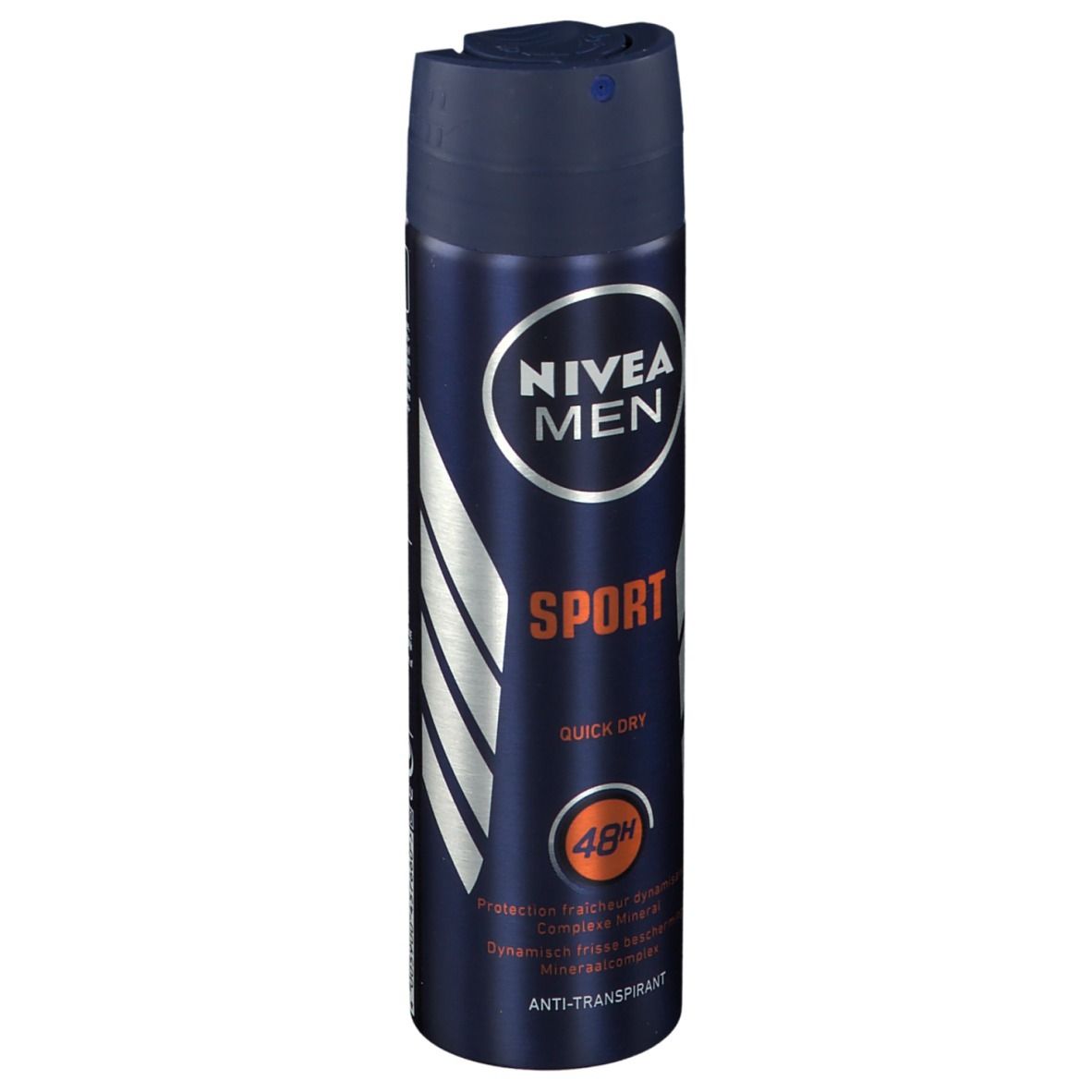 Donkerblauwe spuitfles met wit logo en tekst NIVEA MEN SPORT. Oranje 48H-aanduiding. Zilveren accenten.