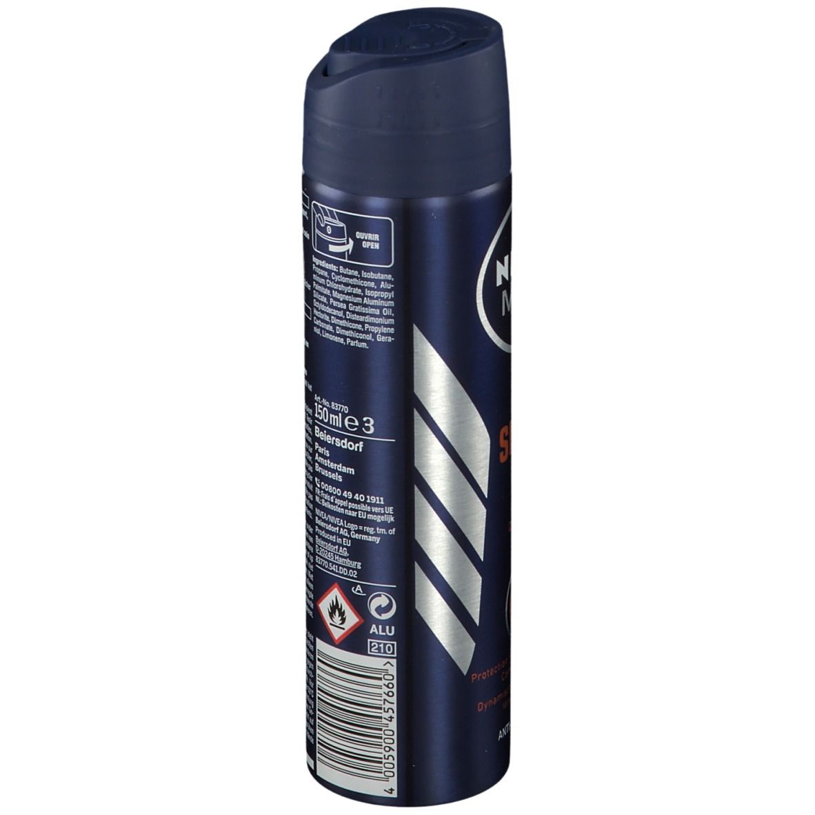 Donkerblauwe spuitfles. Tekst in meerdere talen aan de zijkant. 150ml-aanduiding. Waarschuwingen en pictogrammen.
