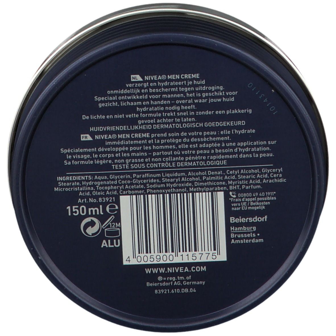 Rückseite der NIVEA MEN Creme Dose. Text in mehreren Sprachen. Inhaltsstoffe, Art.-Nr. und Barcode. 150 ml.