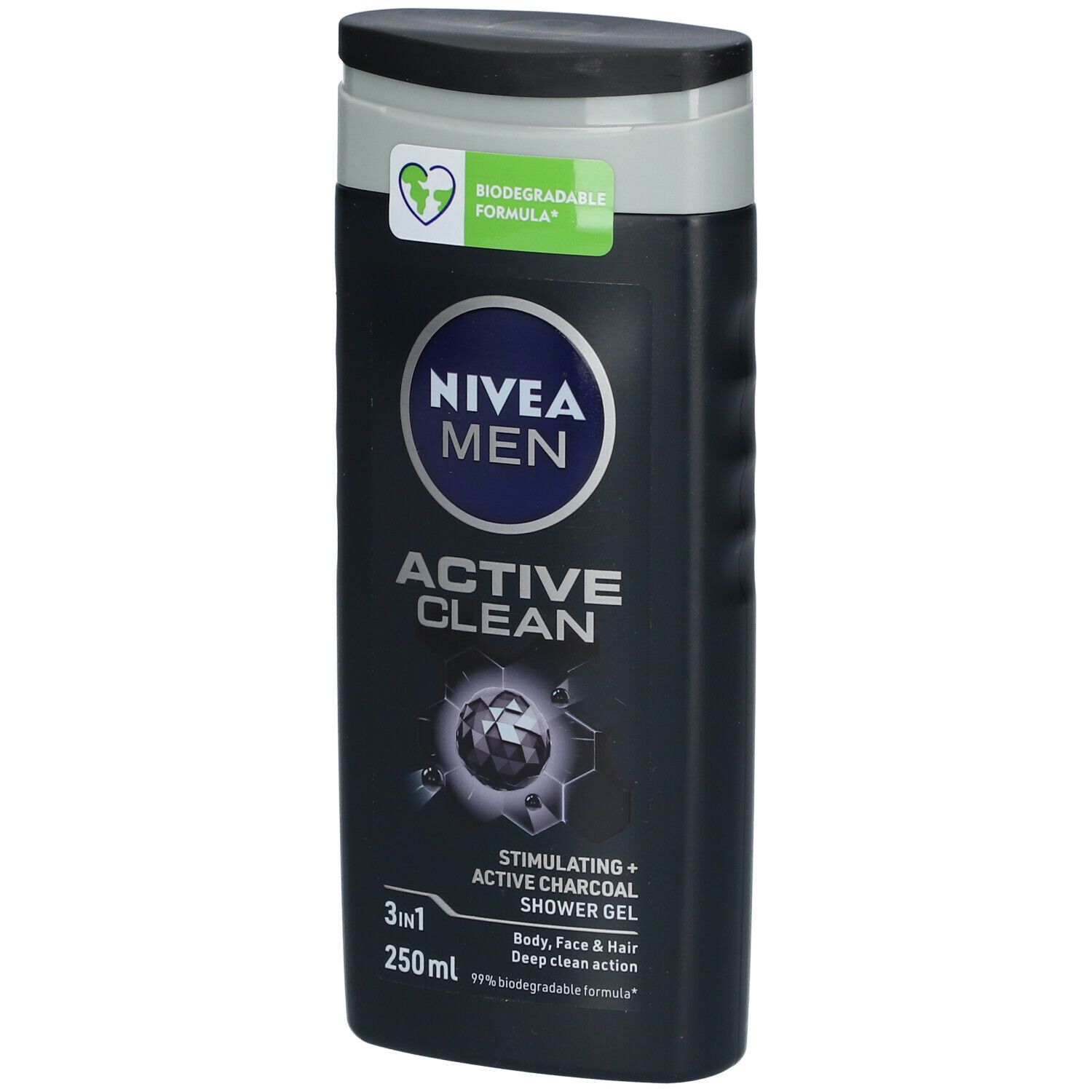 Zwarte douchegelfles met grijze dop. Opschrift: NIVEA MEN Active Clean, 3in1, 250ml. Met actieve kool.