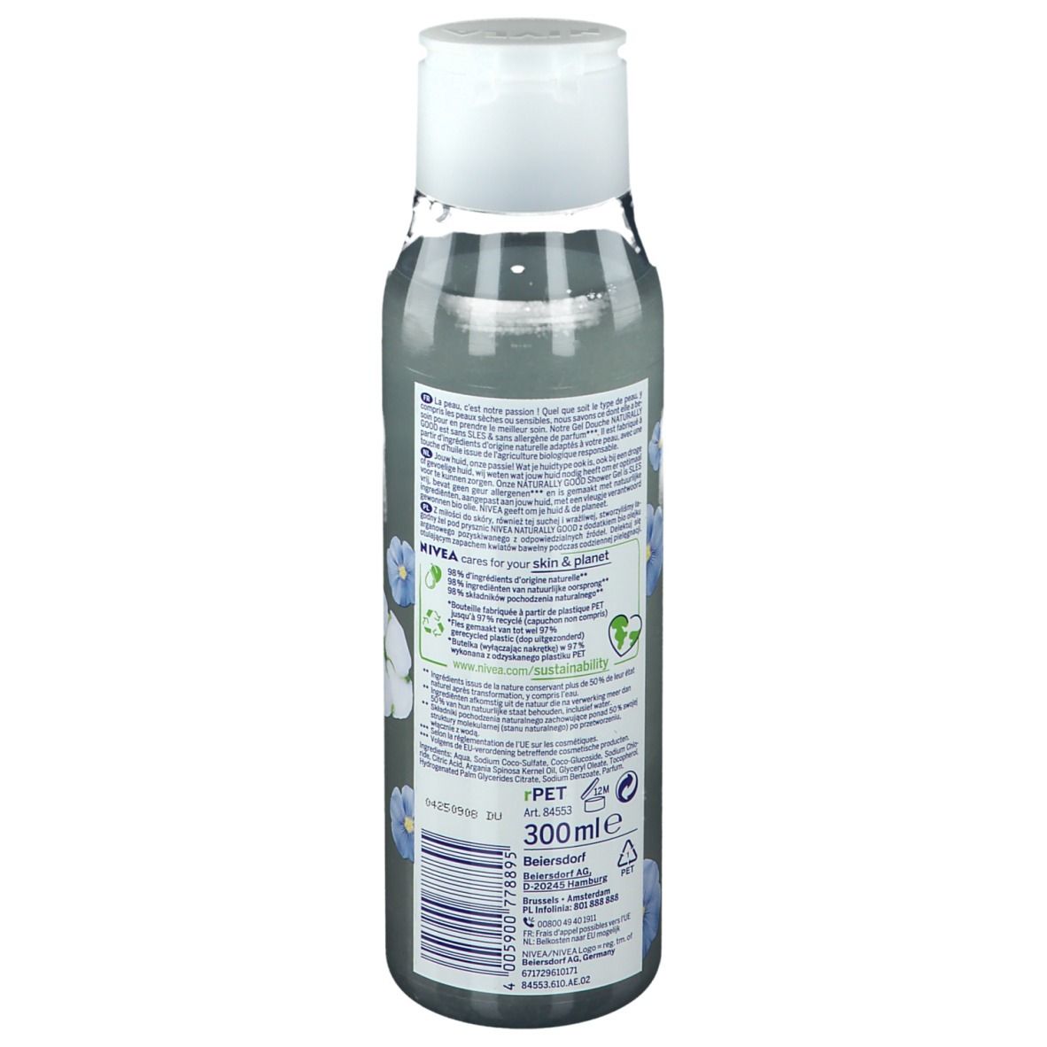 Achterkant van de NIVEA® douchegelfles. Tekstinformatie, inclusief details over duurzaamheid en ingrediënten. 300ml.