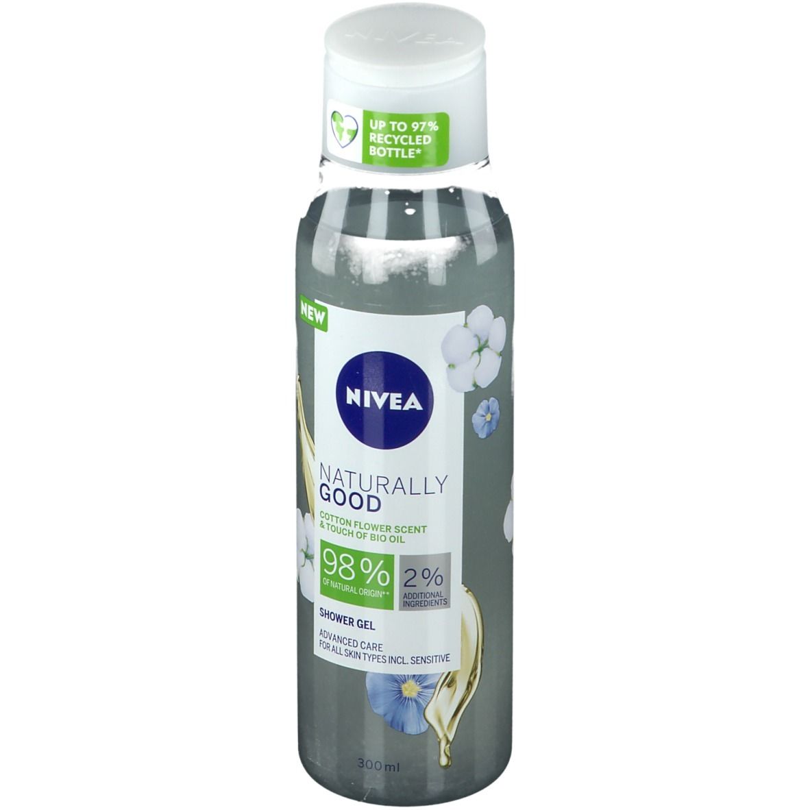NIVEA® douchegelfles, vooraanzicht. Witte dop, grijze fles met bloemendecoratie. Tekst: Naturally Good, katoenbloesem.