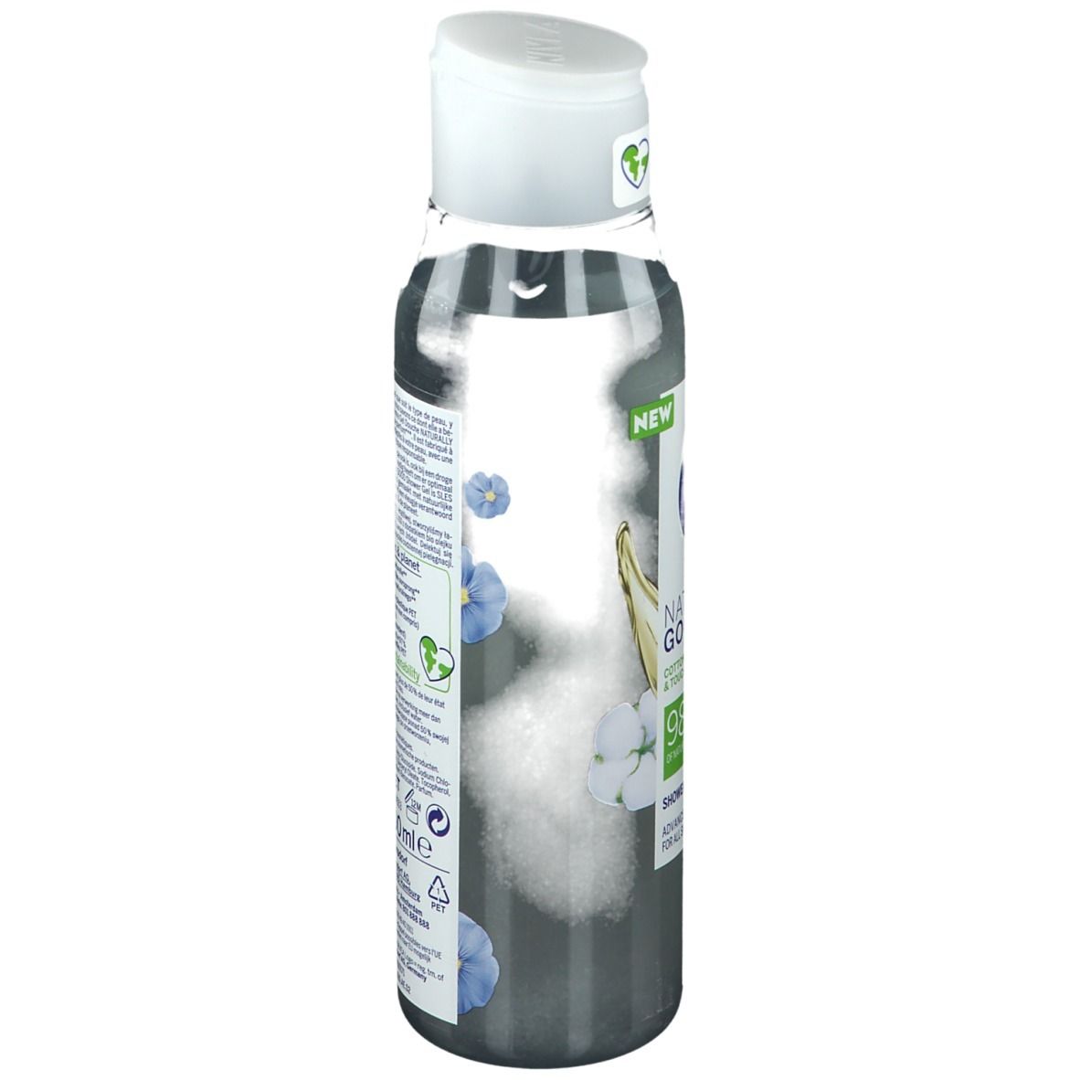 NIVEA® douchegelfles, zijaanzicht. Witte dop, grijze fles met bloemendecoratie. Tekst: Naturally Good, katoenbloesem.