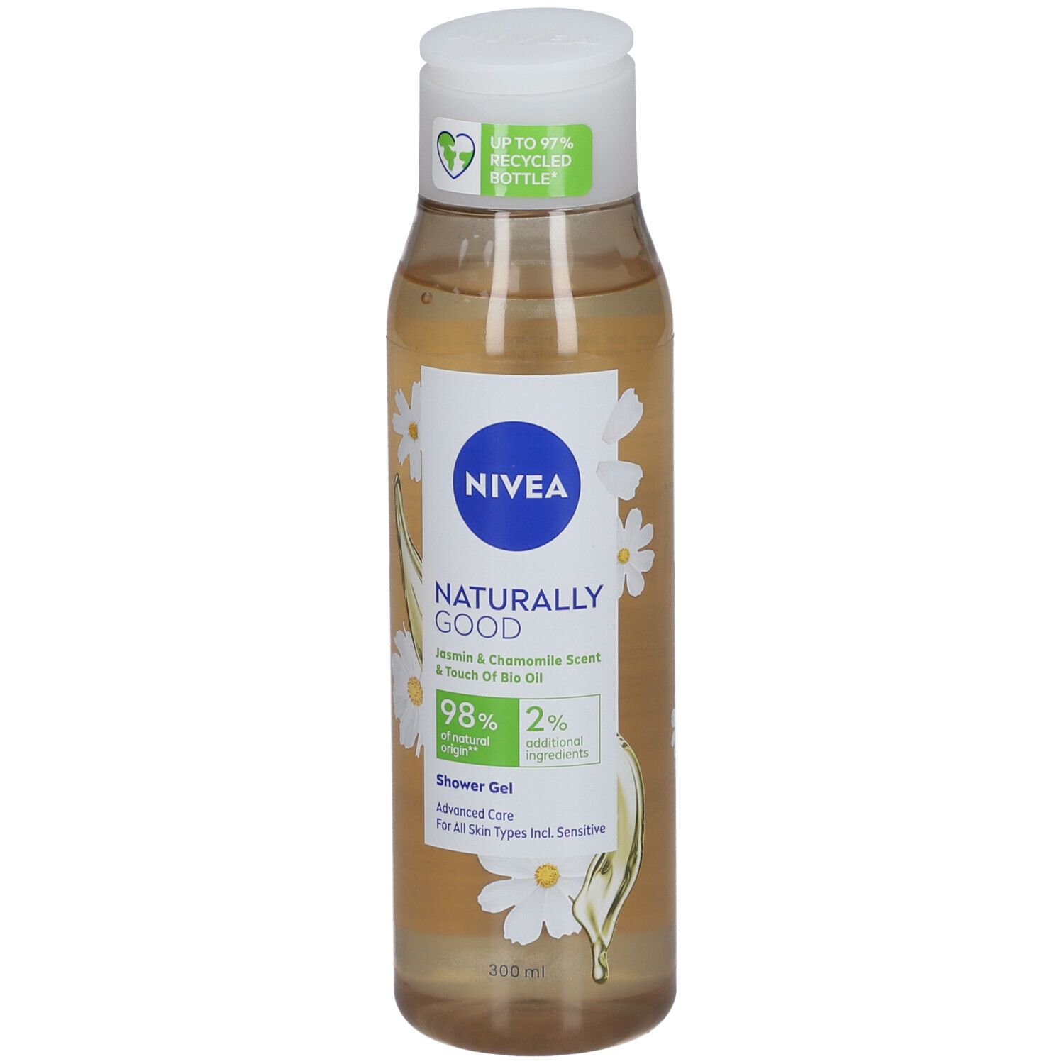 Flacon de gel douche NIVEA. Gel transparent avec bouchon blanc. Inscription : Naturally Good, Jasmin & Kamille, 98% ingrédients naturels.