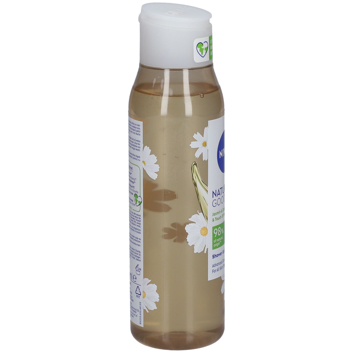 Flacon de gel douche NIVEA, vue latérale. Gel transparent avec bouchon blanc. Inscription : Naturally Good, Jasmin & Kamille, 98% ingrédients naturels.