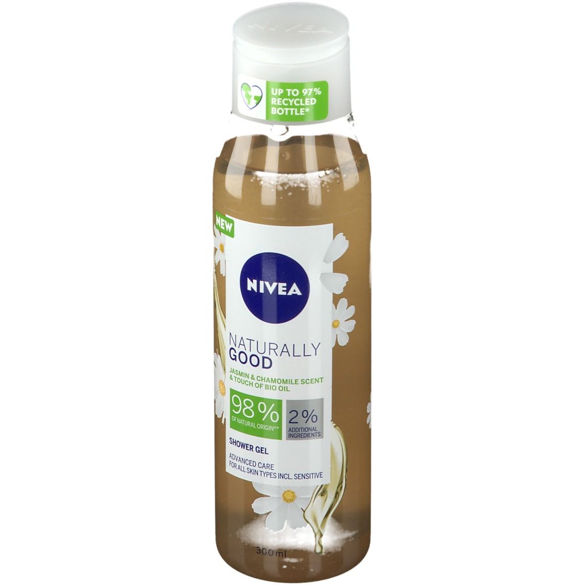 Flacon de gel douche NIVEA. Gel transparent avec bouchon blanc. Inscription : Naturally Good, Jasmin & Kamille, 98% ingrédients naturels. Avec étiquette 'NEW'.