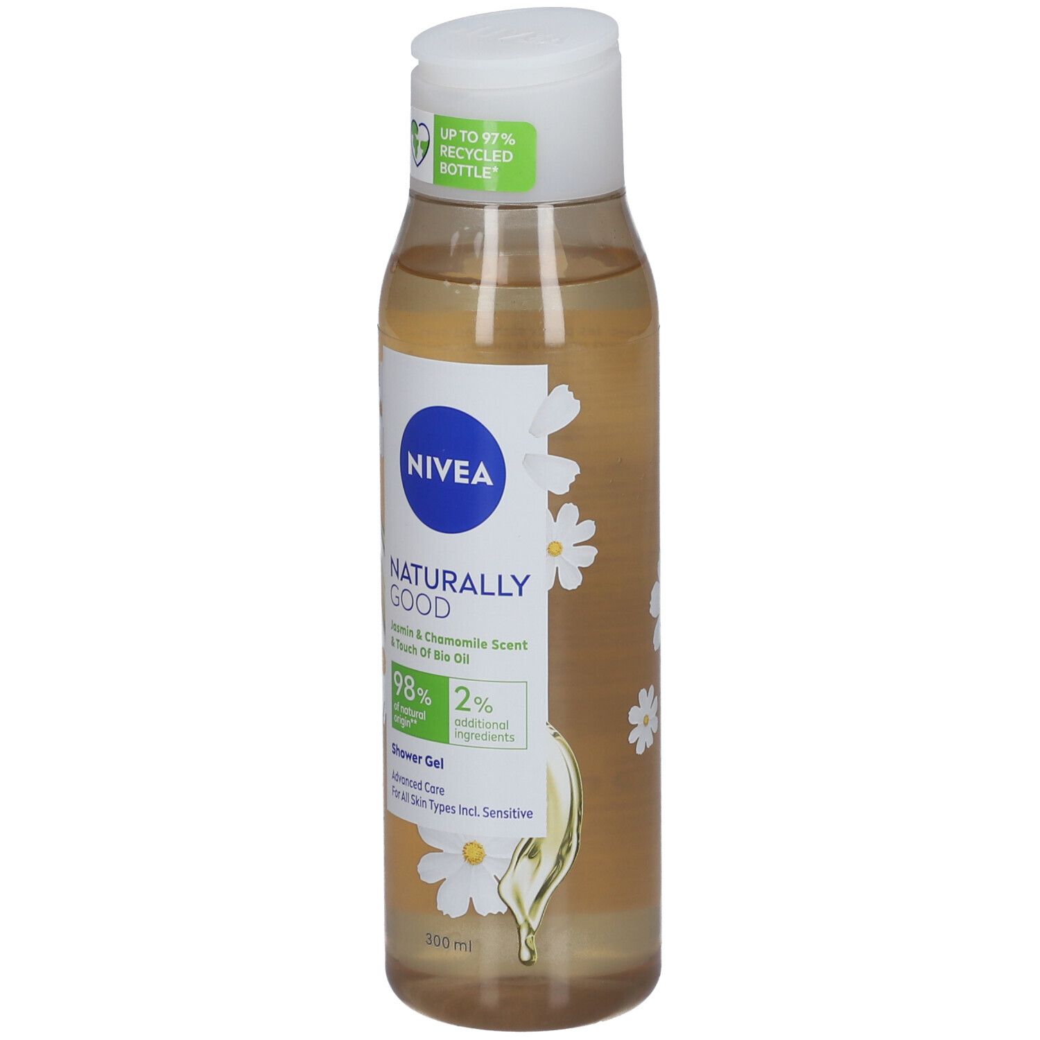 Flacon de gel douche NIVEA. Gel transparent avec bouchon blanc. Inscription : Naturally Good, Jasmin & Kamille, 98% ingrédients naturels.