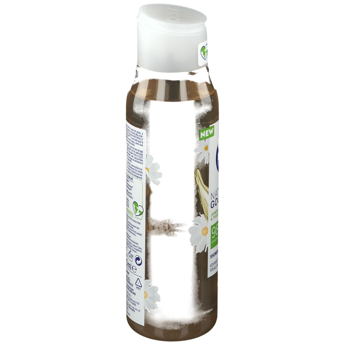 Flacon de gel douche NIVEA, vue latérale. Gel transparent avec bouchon blanc. Inscription : Naturally Good, Jasmin & Kamille, 98% ingrédients naturels.
