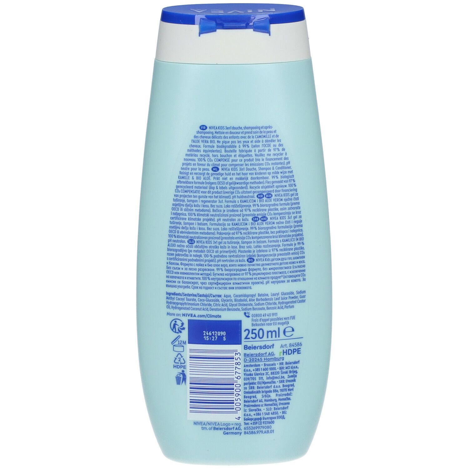 Achterkant van de lichtblauwe fles NIVEA Kids 3-in-1 douchegel. Tekst en informatie. 250ml. Fabrikantinformatie.