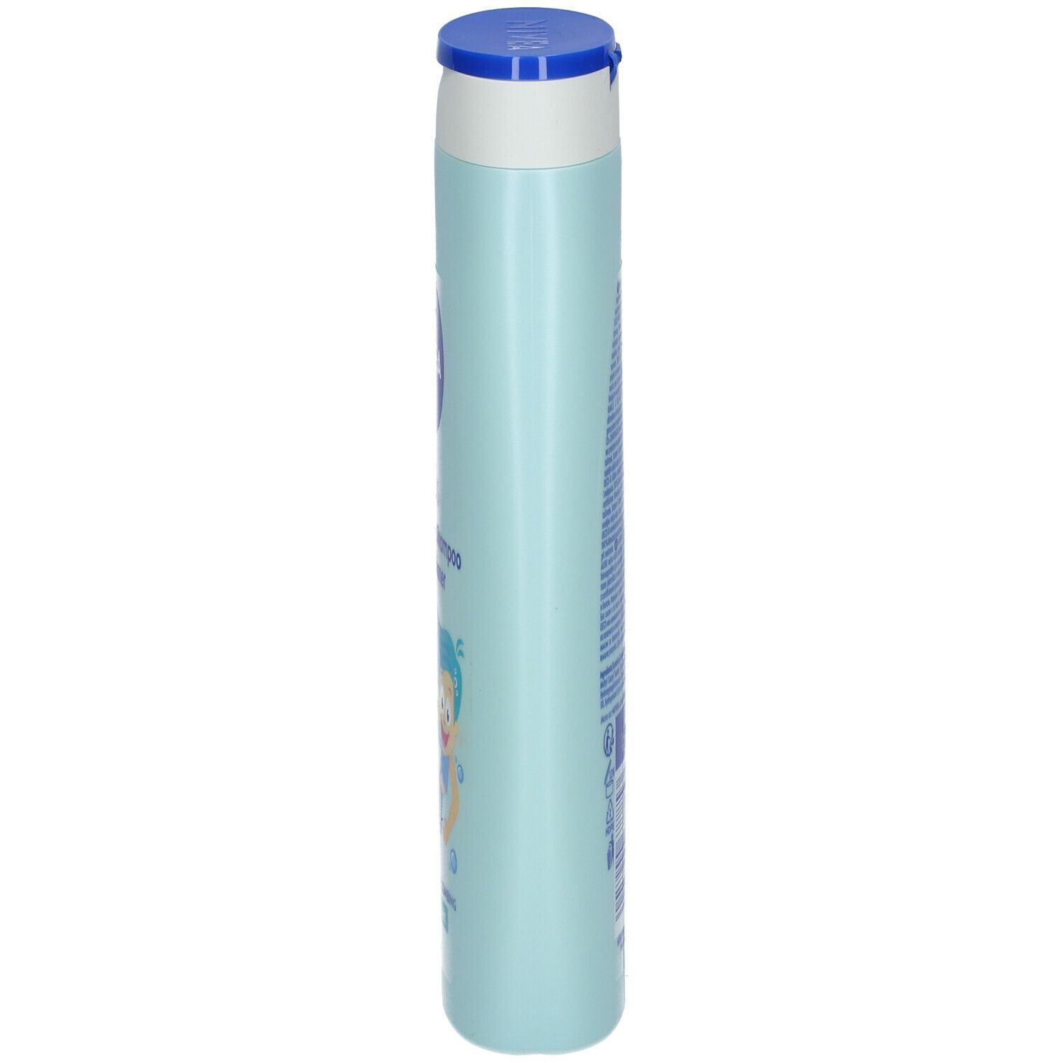 Lichtblauwe fles NIVEA Kids 3-in-1 douchegel. Zijaanzicht. Witte dop, blauwe sluiting. Tekst op de fles.