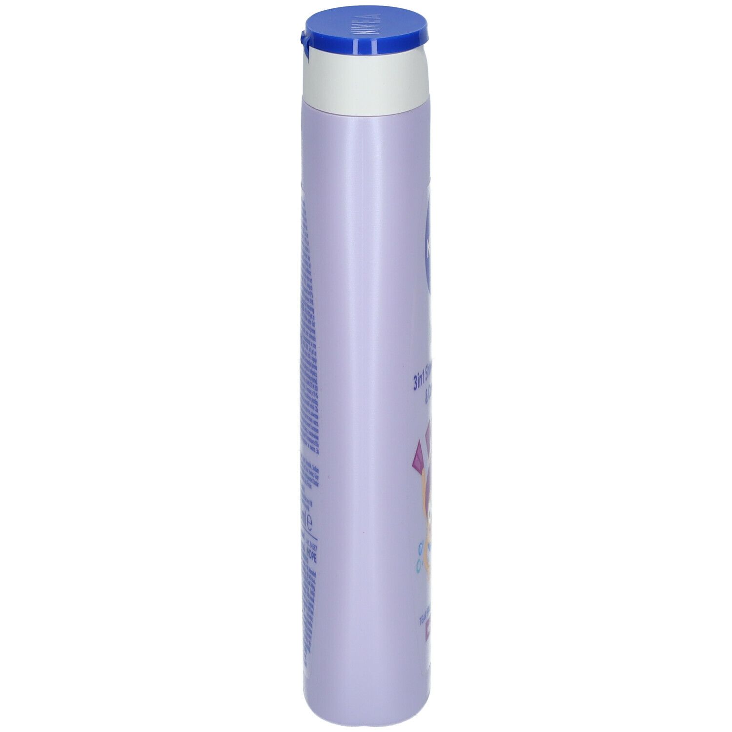 Vue latérale du flacon NIVEA Kids 3en1 Douche, Shampoo & Conditionneur. Flacon violet avec bouchon bleu.