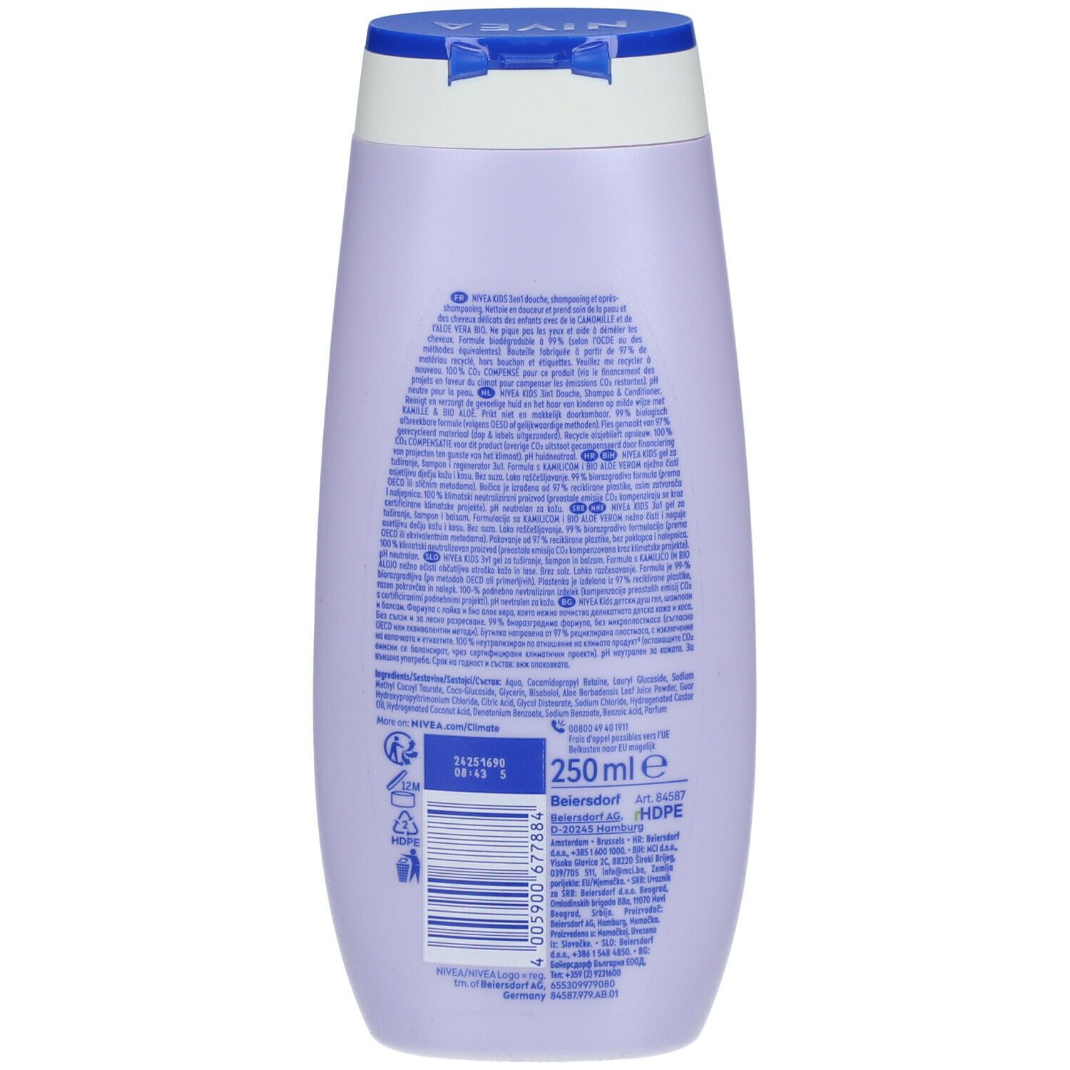 Dos du flacon NIVEA Kids 3en1 Douche, Shampoo & Conditionneur. Informations textuelles et code-barres.