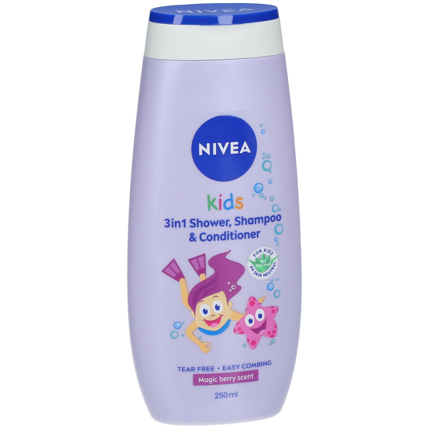Flacon NIVEA Kids 3en1 Douche, Shampoo & Conditionneur. Flacon violet avec bouchon bleu. Illustration de dessin animé.