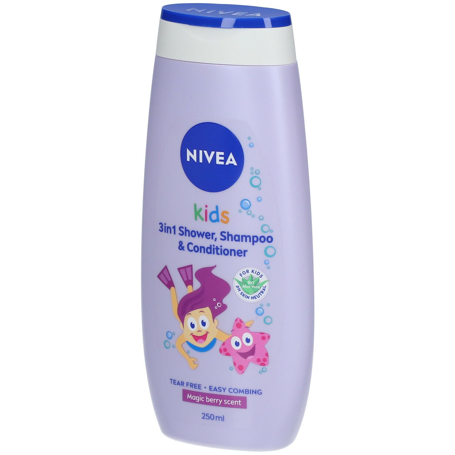 Flacon NIVEA Kids 3en1 Douche, Shampoo & Conditionneur. Flacon violet avec bouchon bleu. Illustration de dessin animé.
