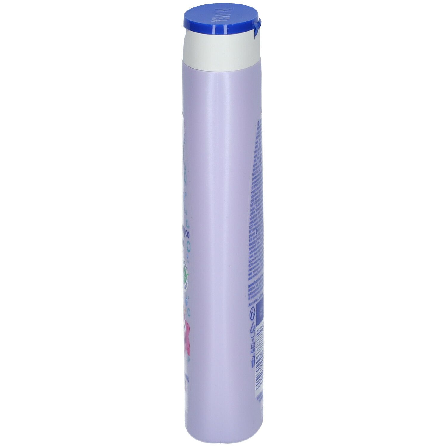 Vue latérale du flacon NIVEA Kids 3en1 Douche, Shampoo & Conditionneur. Flacon violet avec bouchon bleu.