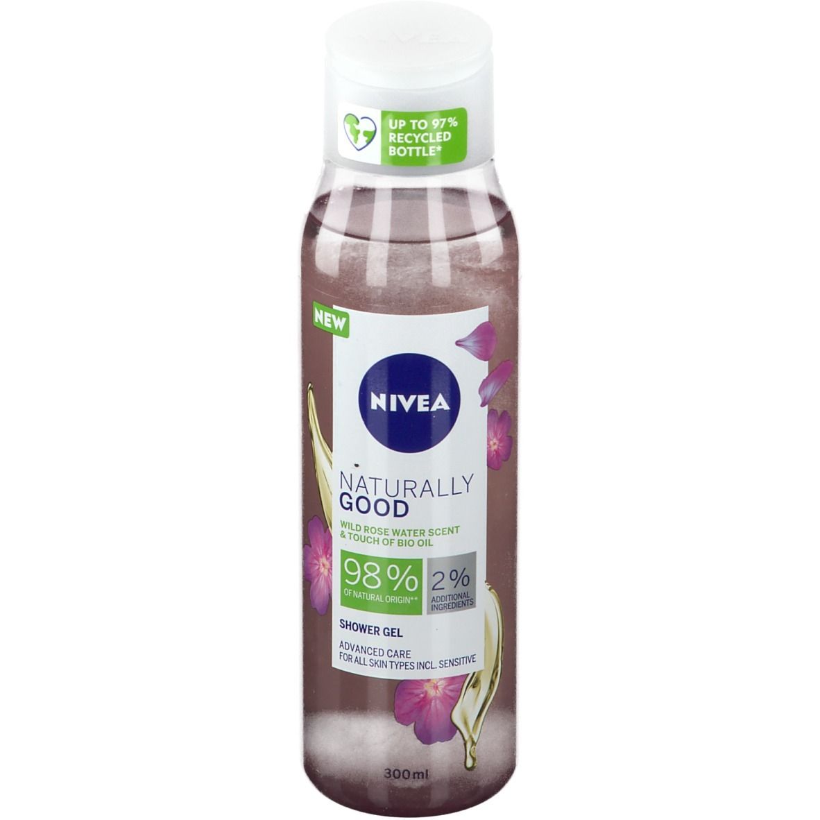 Douchegel in een transparante fles met witte dop. Etiket met productinformatie en bloemelementen.