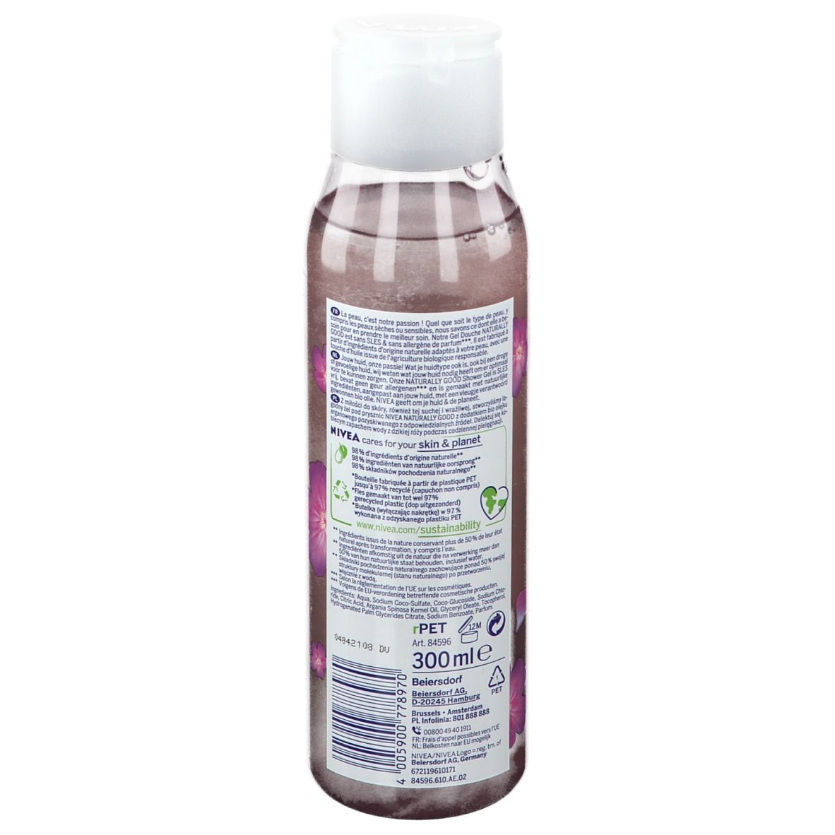 Achteraanzicht van de douchegelfles. Etiket met productinformatie, ingrediënten en recyclinglogo.