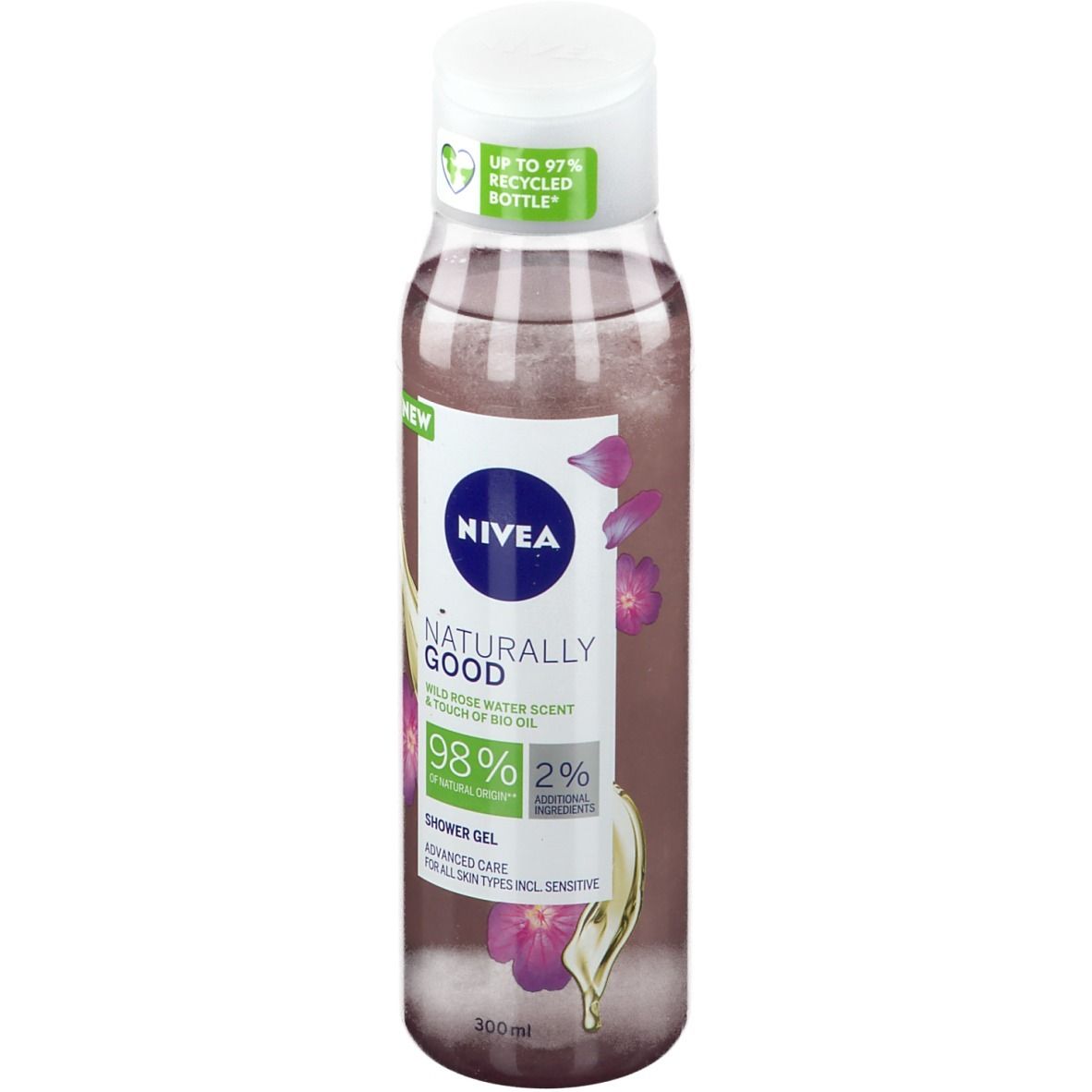 Douchegel in een transparante fles met witte dop. Etiket met productinformatie en bloemelementen.