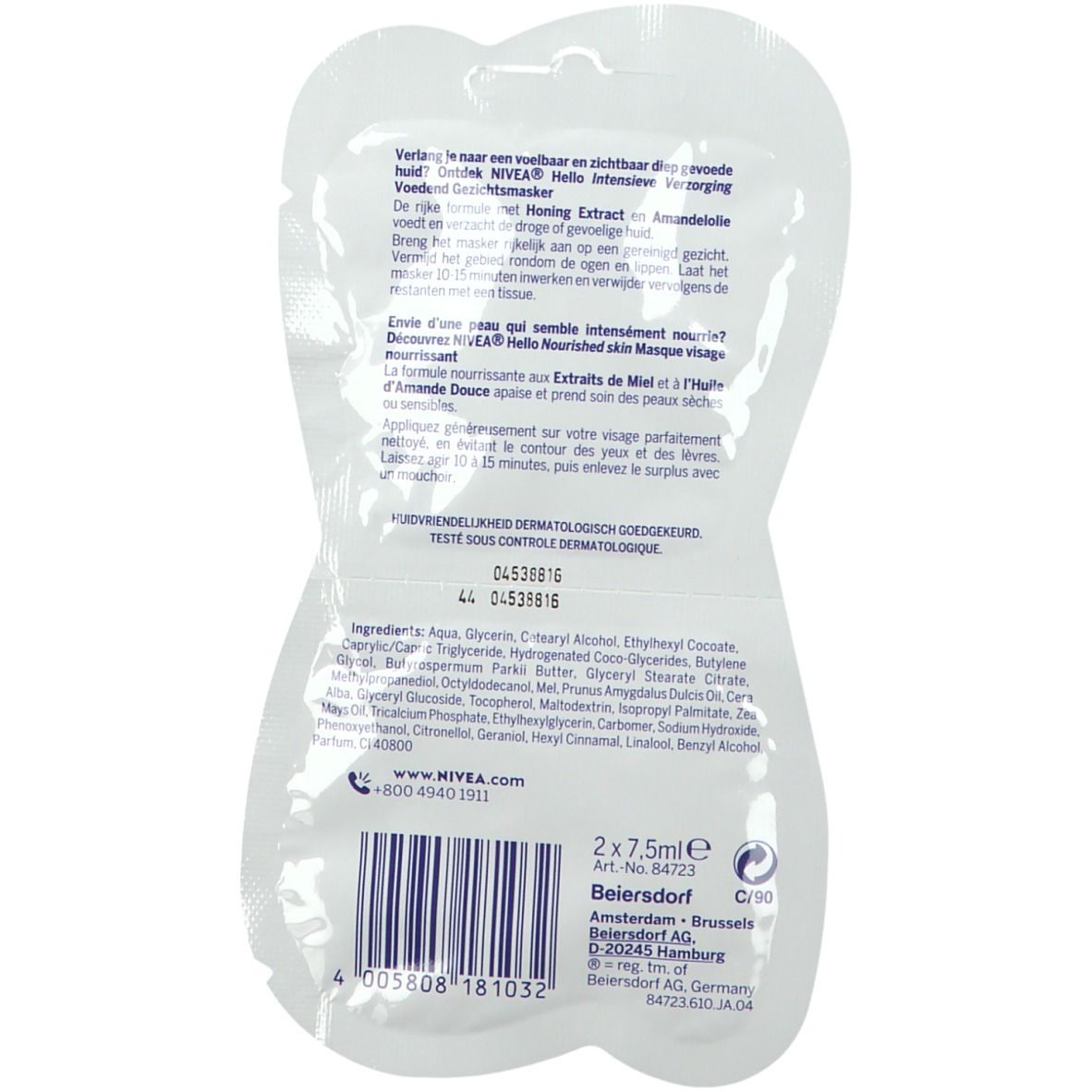 Dos du masque facial NIVEA Hello. Contient des informations textuelles, des ingrédients et un code-barres. Testé dermatologiquement.