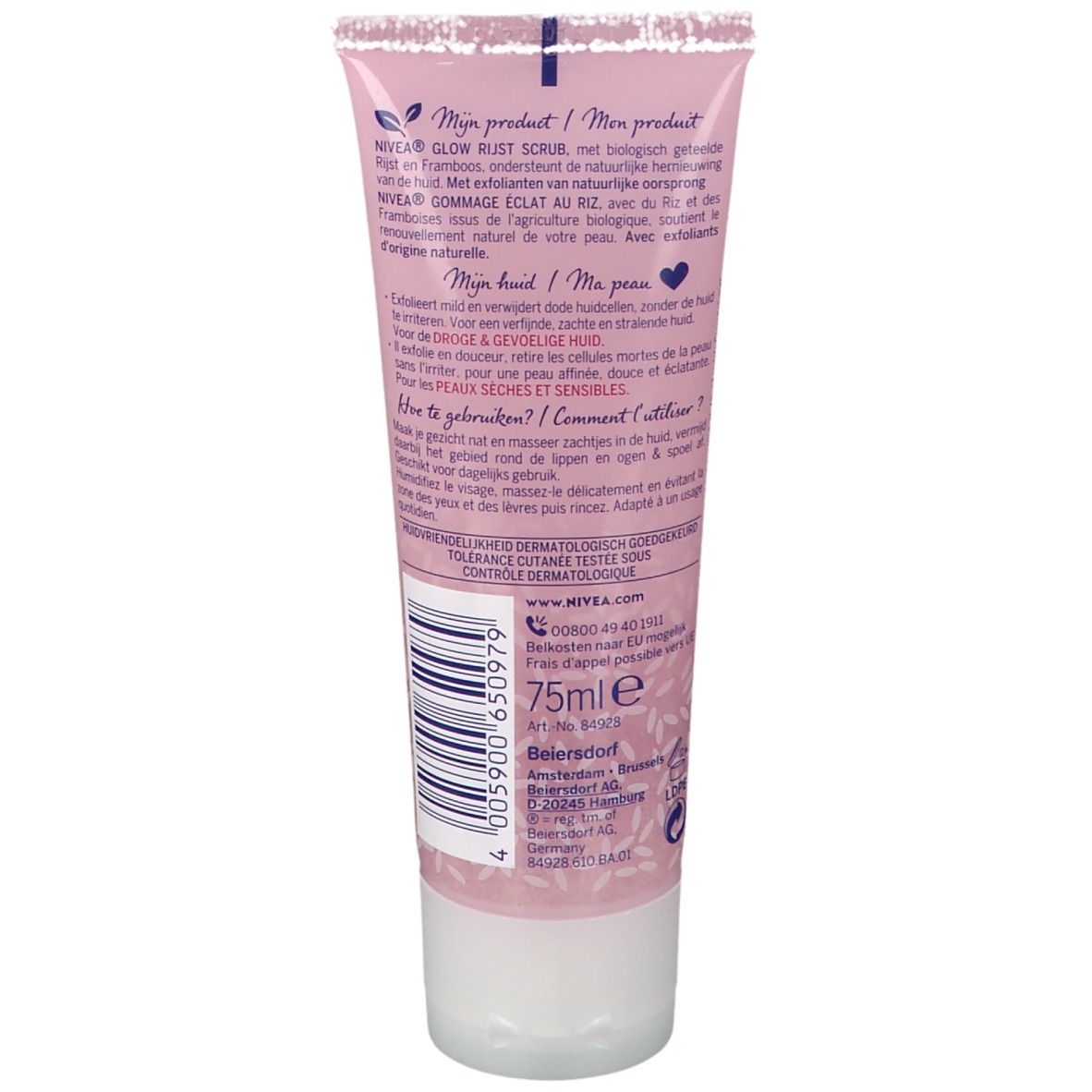 Rückseite der Tube. Text: NIVEA, Produktinformationen, Inhaltsstoffe, Anwendungshinweise. 75ml. Dermatologisch getestet.