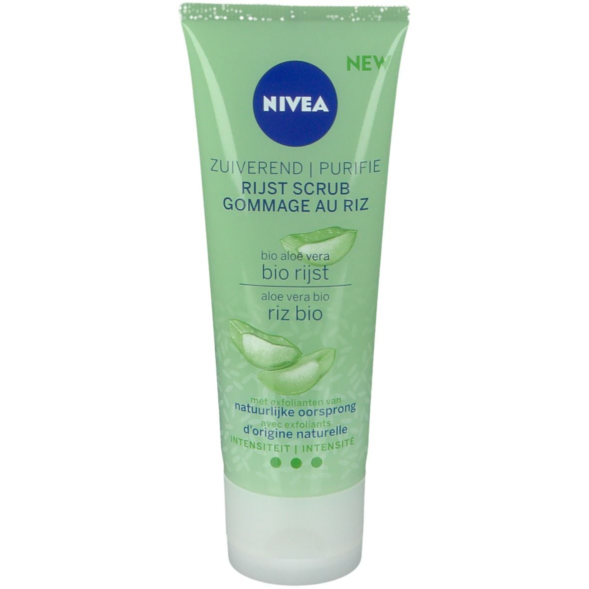 Grüne Tube mit NIVEA-Logo. Text: ZUIVEREND | PURIFIE RIJST SCRUB GOMMAGE AU RIZ, bio aloe vera, bio rijst, aloe vera bio, riz bio. Aufschrift: NEW.