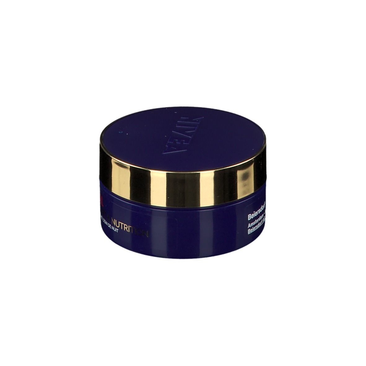 Pot de crème bleu foncé avec couvercle doré. Inscription : NIVEA, VITAL, NUTRI, Nachtcreme, Soin de Nuit.