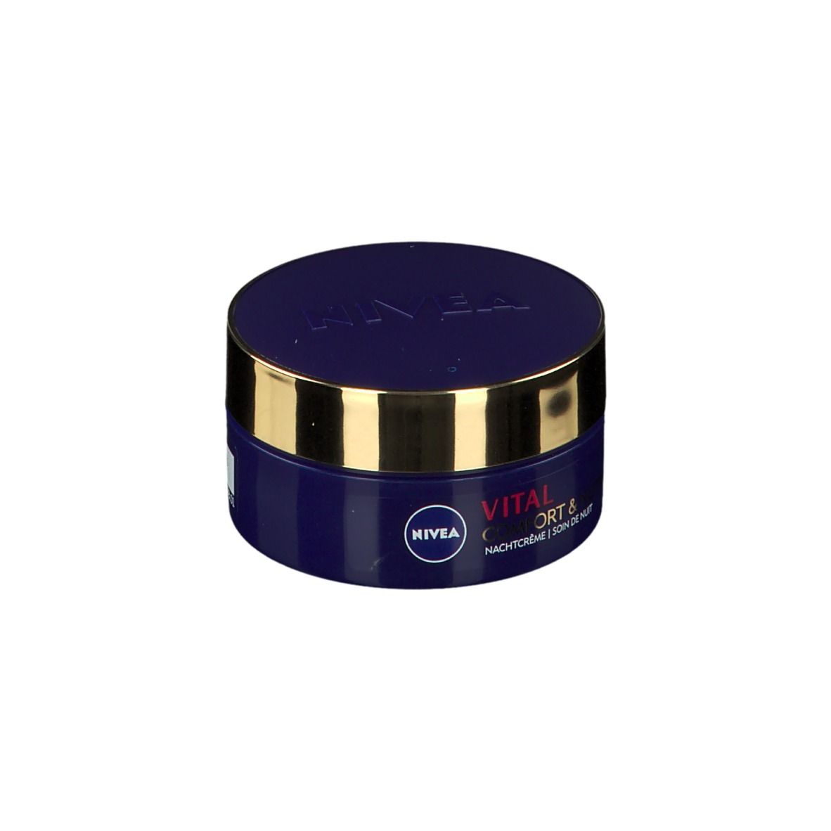 Pot de crème bleu foncé avec couvercle doré. Inscription : NIVEA, VITAL, ORT & Nachtcreme, Soin de Nuit.