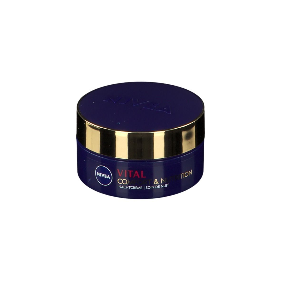 Pot de crème bleu foncé avec couvercle doré. Inscription : NIVEA, VITAL, COMFORT & Nachtcreme, Soin de Nuit.