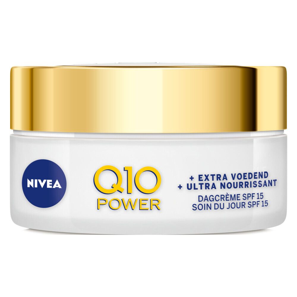 Pot de crème blanc avec couvercle doré. Logo NIVEA, inscription Q10 Power et désignations de produits en plusieurs langues.