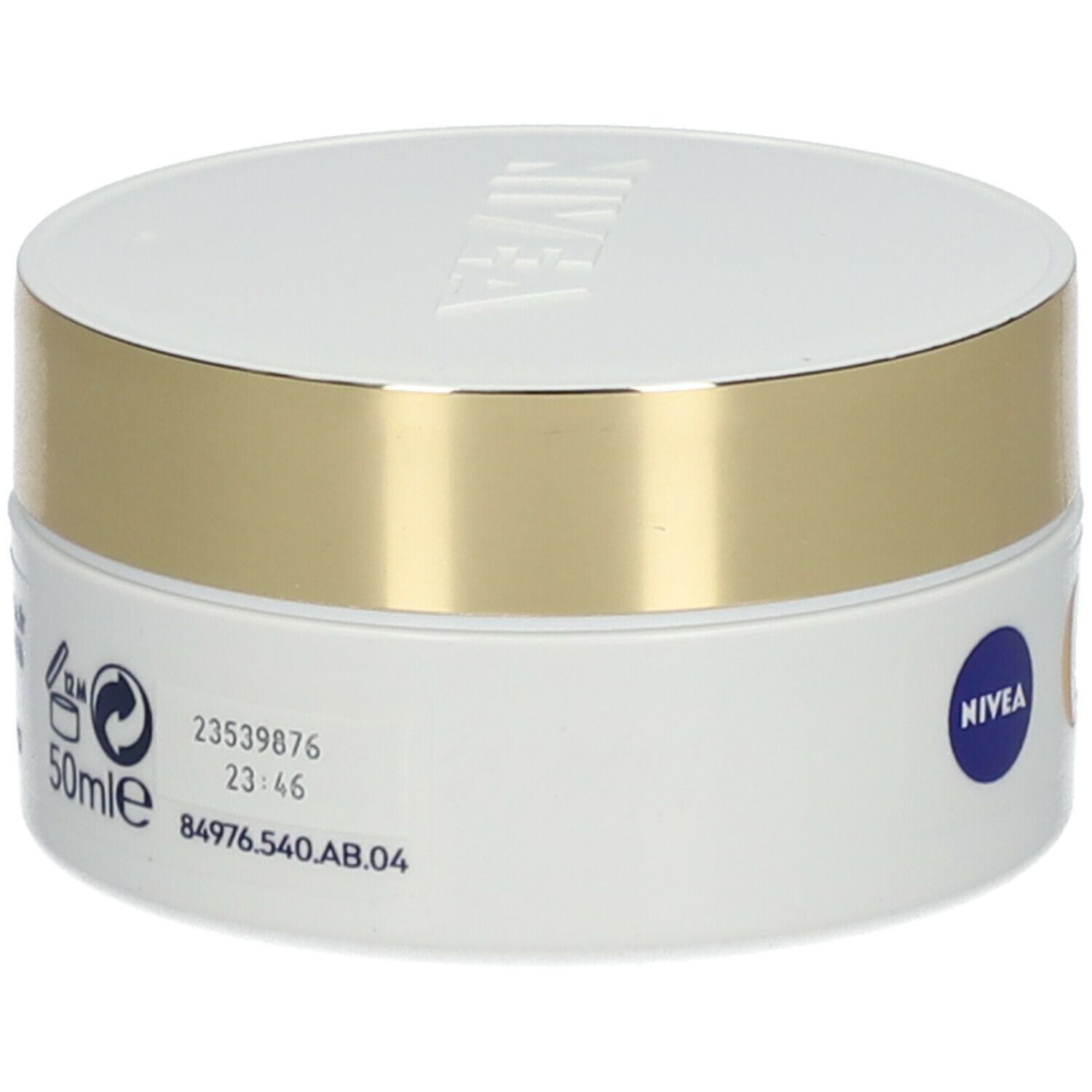 Creme-Dose, weiß mit goldenem Deckel. NIVEA-Logo, Produktinformationen und Chargennummer. Fassungsvermögen 50ml.