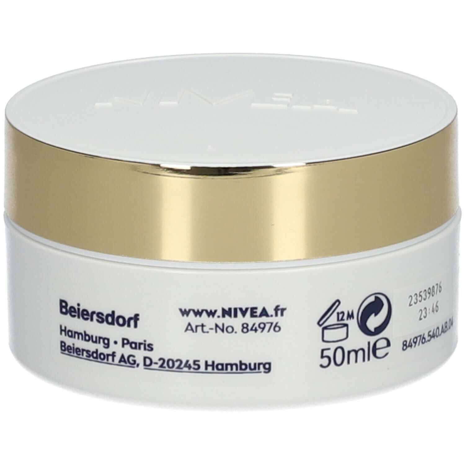 Creme-Dose, weiß mit goldenem Deckel. NIVEA-Logo, Produktinformationen und Adresse. Fassungsvermögen 50ml.