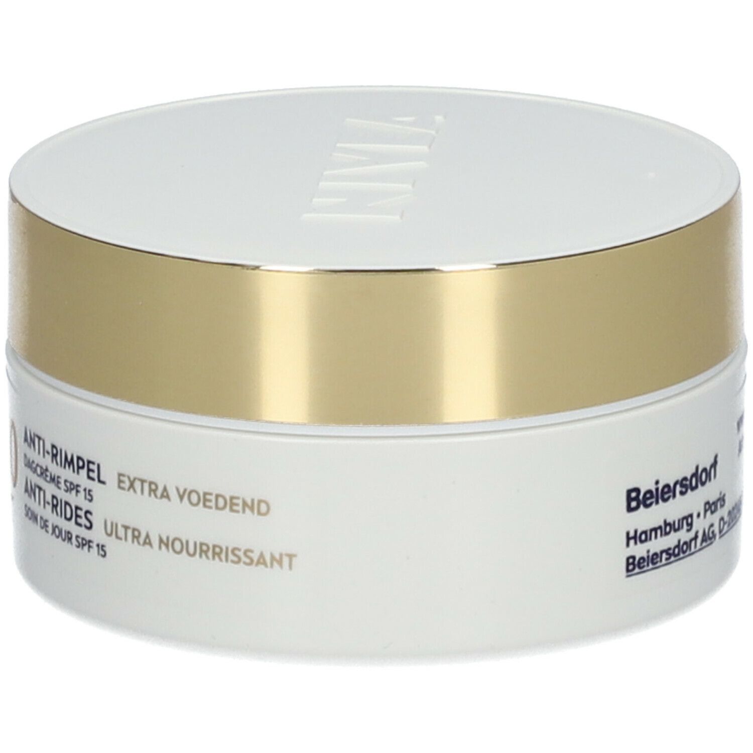 Creme-Dose, weiß mit goldenem Deckel. Produktbezeichnungen in mehreren Sprachen. NIVEA-Logo nicht sichtbar.