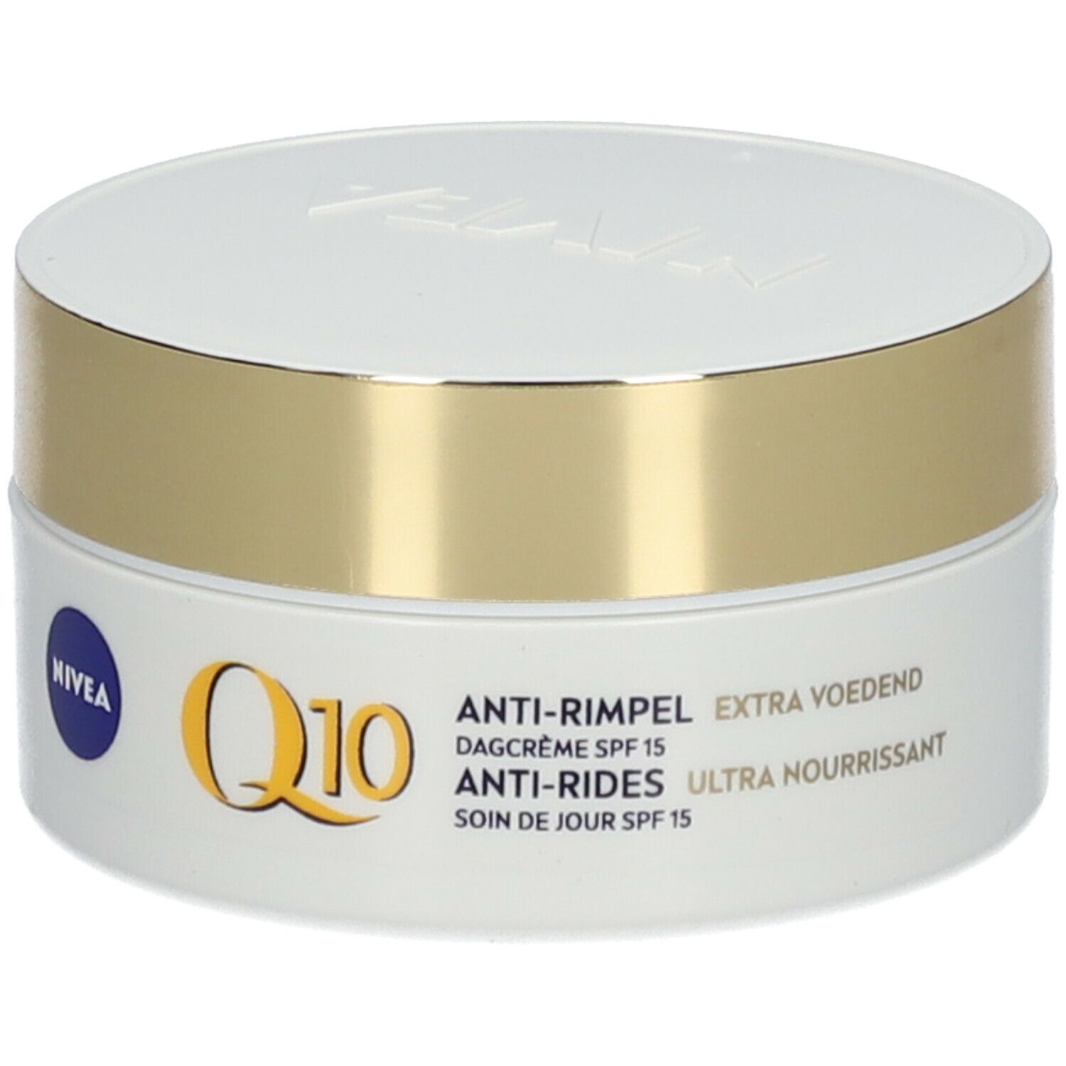 Creme-Dose, weiß mit goldenem Deckel. NIVEA-Logo und Q10-Schriftzug. Produktbezeichnungen in mehreren Sprachen.