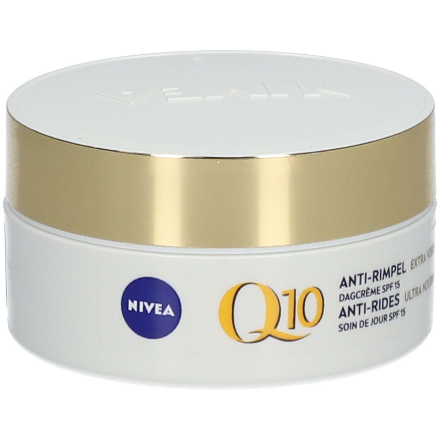 Creme-Dose, weiß mit goldenem Deckel. NIVEA-Logo und Q10-Schriftzug. Produktbezeichnungen in mehreren Sprachen.