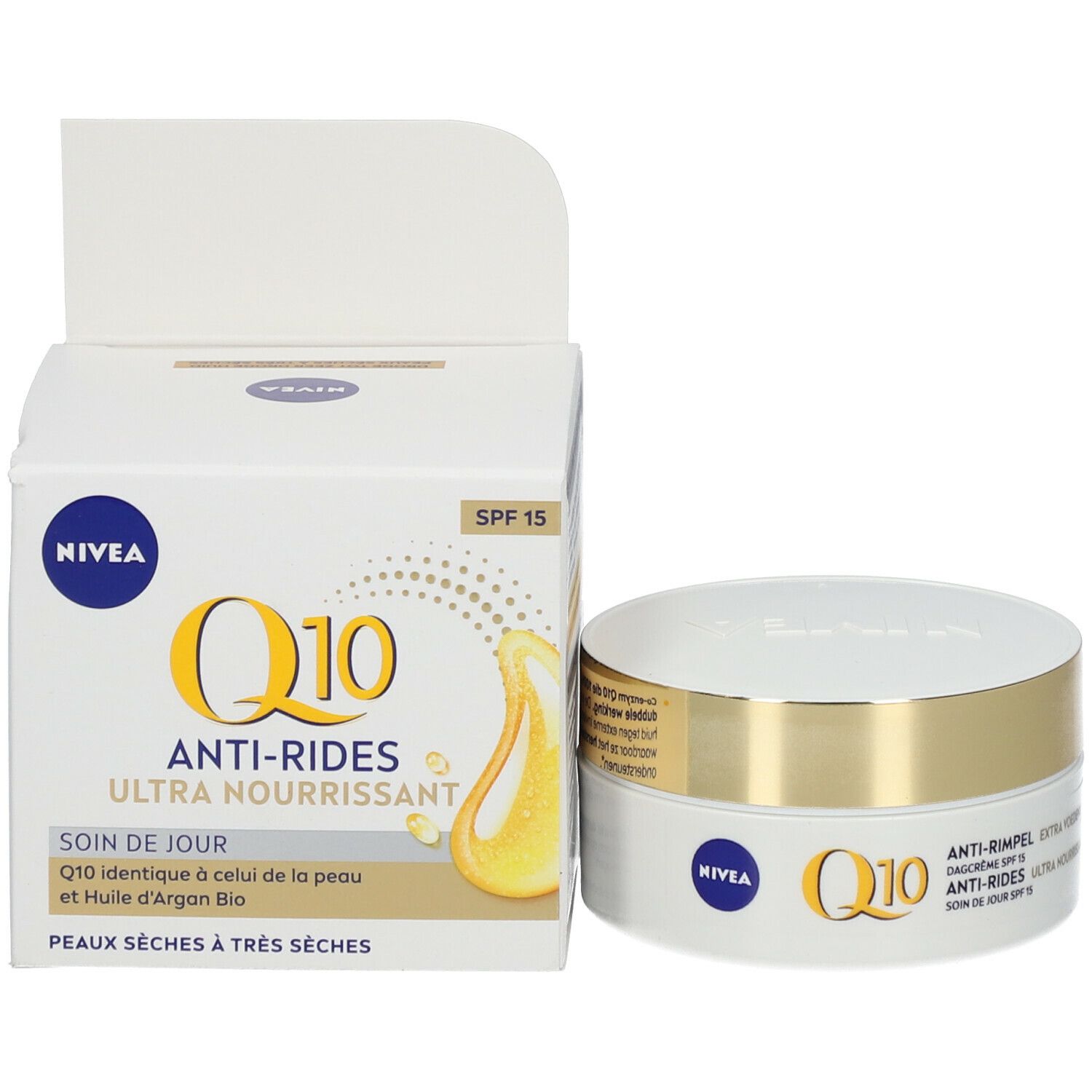 Produktverpackung und Creme-Dose. Weiße Verpackung mit NIVEA-Logo, Q10-Schriftzug und Produktbezeichnungen. Dose daneben.