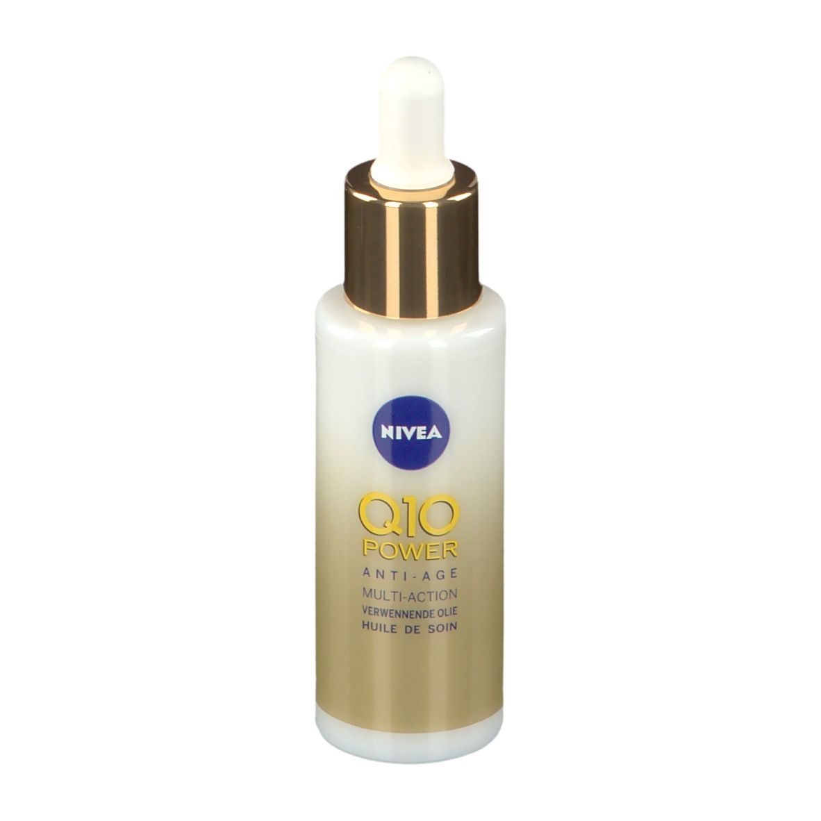 Flacon blanc avec bouchon doré et pipette. Inscription NIVEA Q10 Power Anti-Âge Multi-Action Huile de Soin.