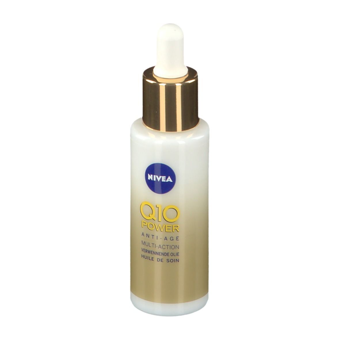 Flacon blanc avec bouchon doré et pipette. Inscription NIVEA Q10 Power Anti-Âge Multi-Action Huile de Soin.