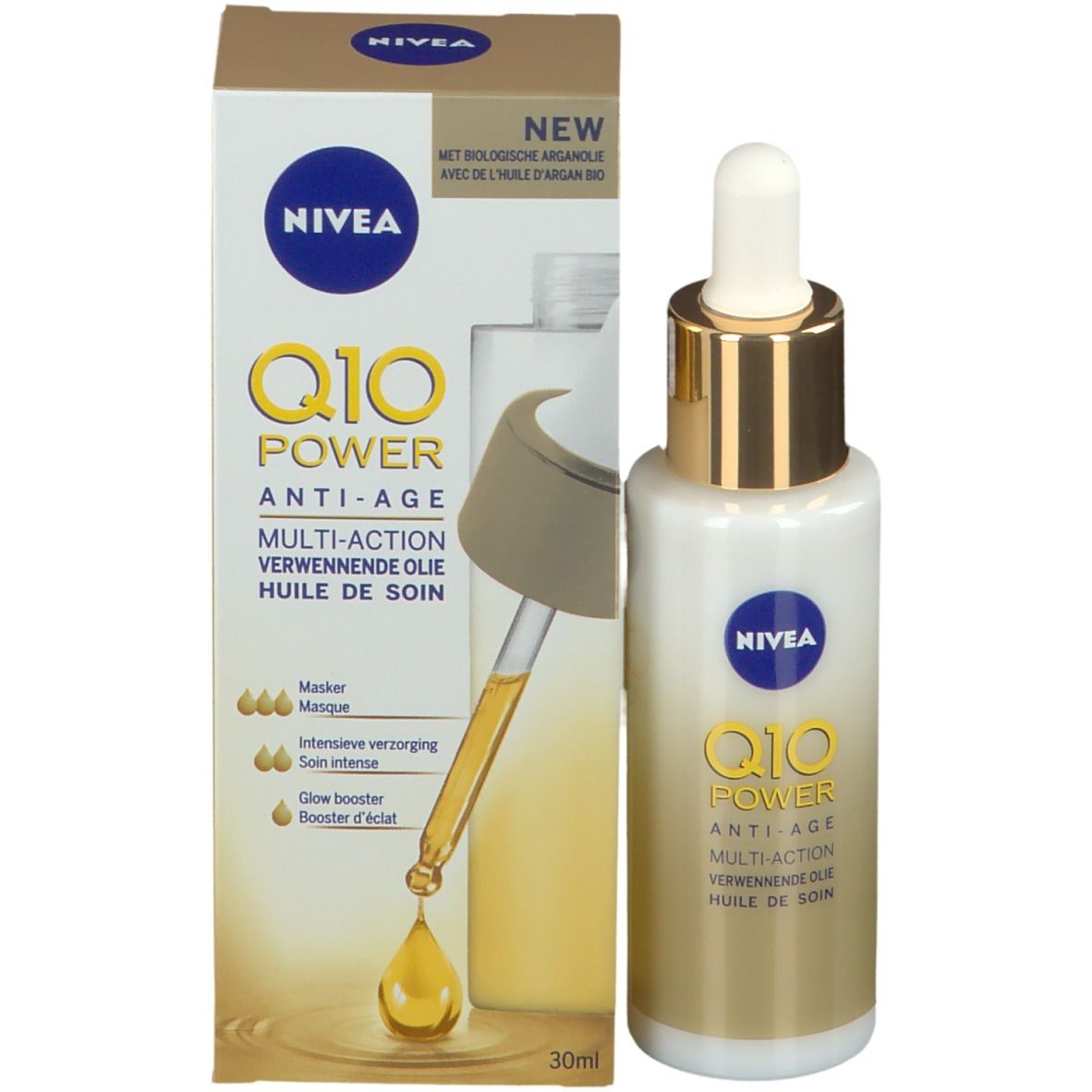 Emballage du produit avec flacon et pipette. Inscription NIVEA Q10 Power Anti-Âge Multi-Action Huile de Soin. 30ml.