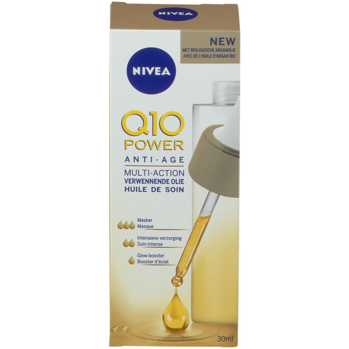 Emballage du produit avec flacon et pipette. Inscription NIVEA Q10 Power Anti-Âge Multi-Action Huile de Soin. 30ml.