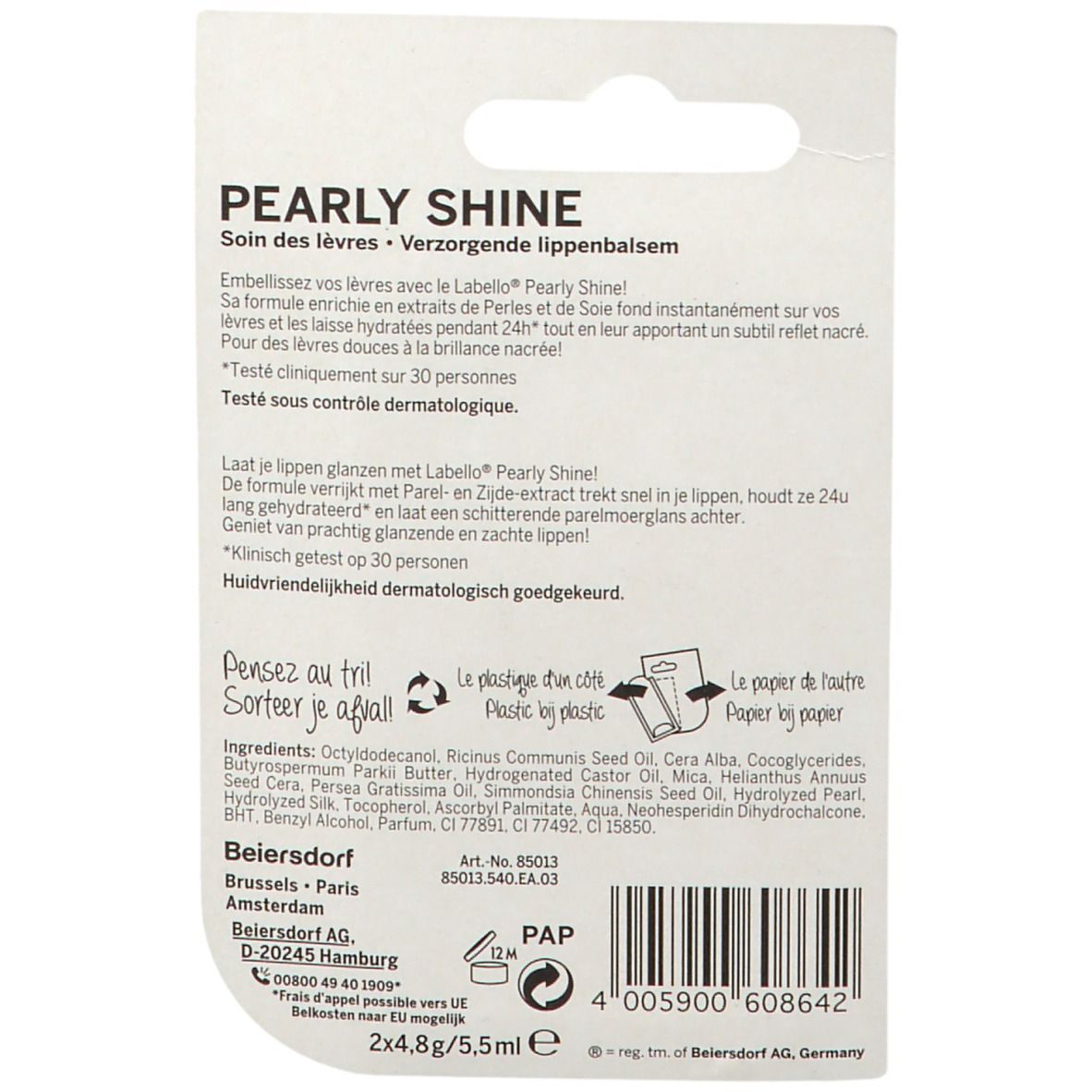 Verpakking van Labello® Pearly Shine. Bevat informatie over ingrediënten, fabrikant en instructies. Achterkant met tekst en logo's.