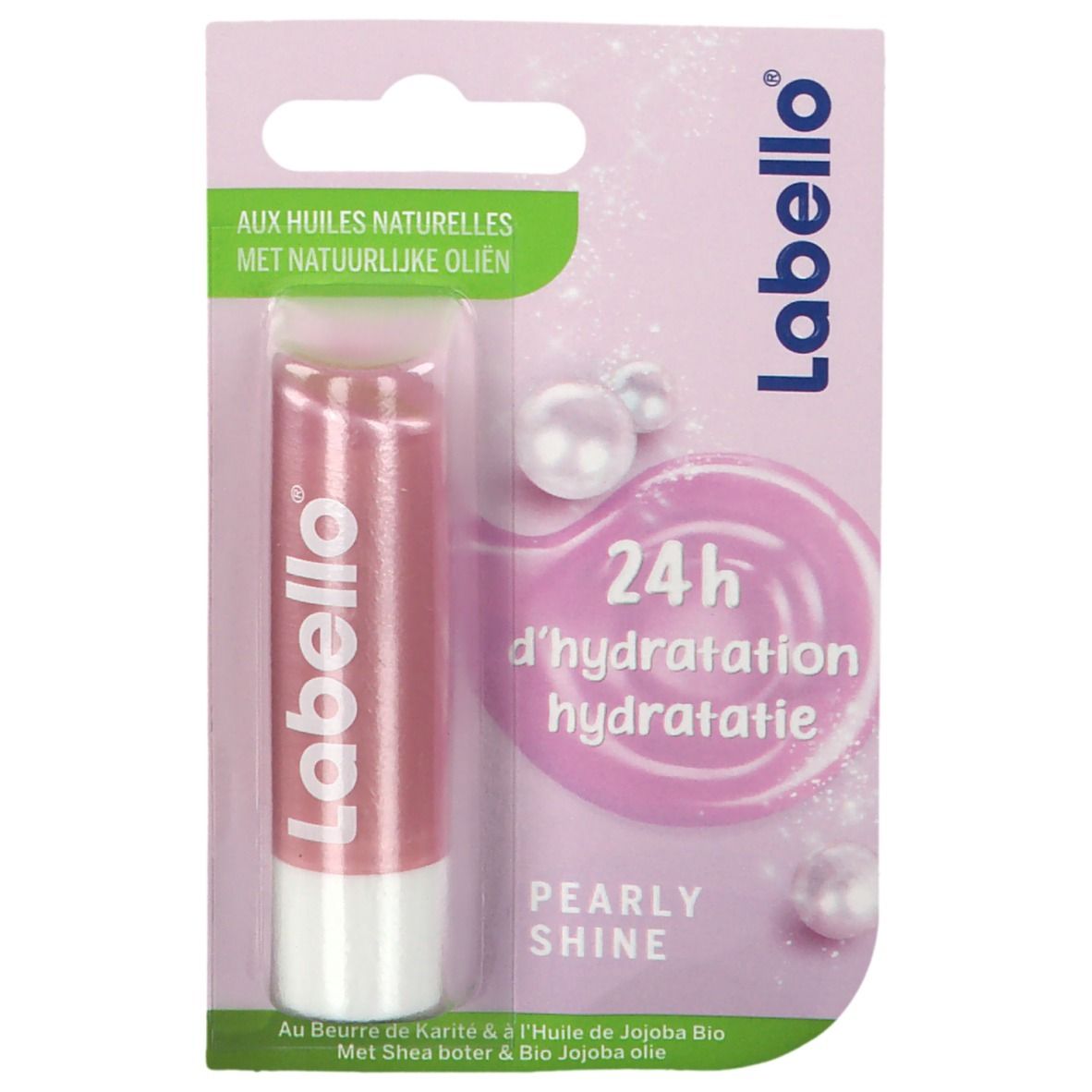 Labello Pearly Shine, soin des lèvres en emballage. Stick rose avec extrémité blanche. Inscription: 24h d'hydratation.
