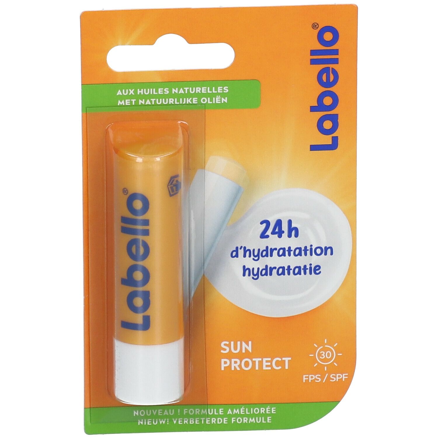 Labello Sun Protect lippenbalsem in blisterverpakking. Oranje stick met wit uiteinde. SPF 30.