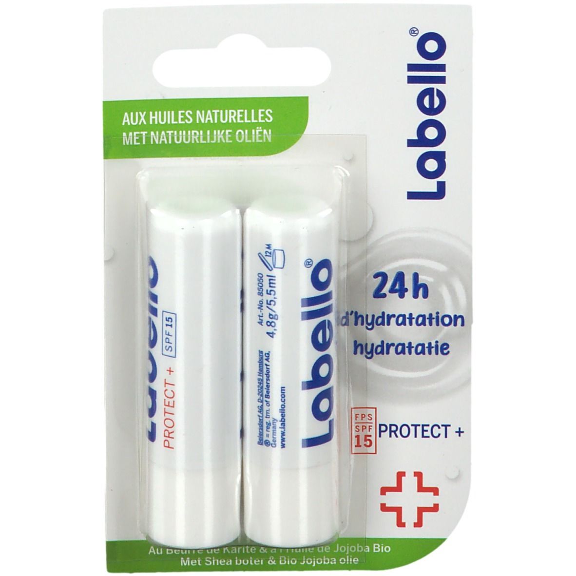 Twee witte lippenstiften in blisterverpakking. Blauwe tekst: Label, PROTECT+ SPF 15. Met natuurlijke oliën.
