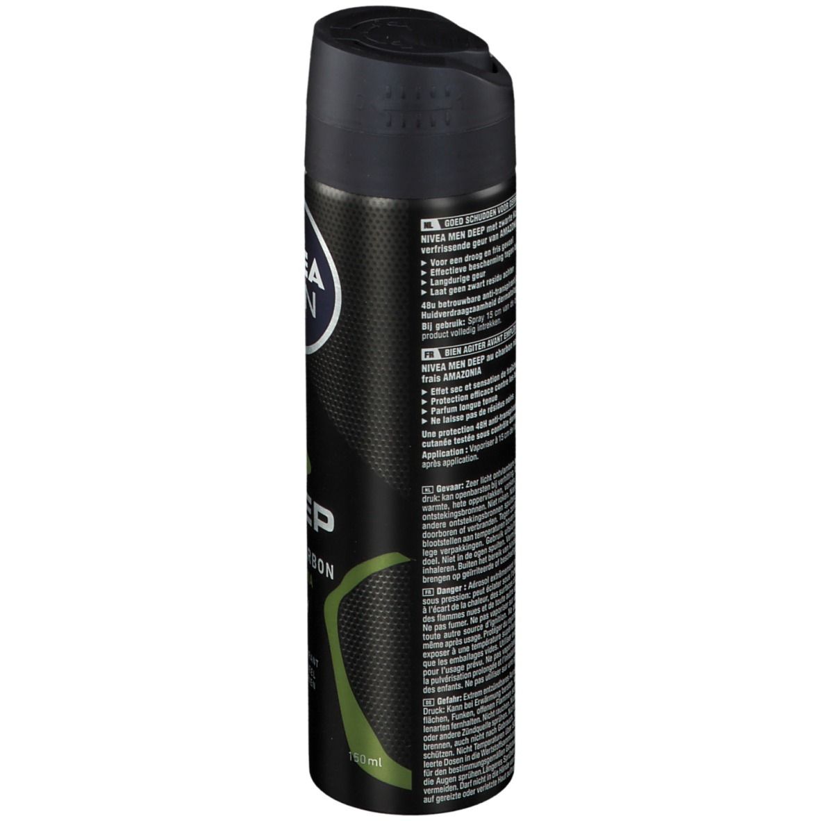 NIVEA MEN Deep Black Carbon Amazonia spray. Zwarte bus, zijaanzicht. Tekst en groene patronen.