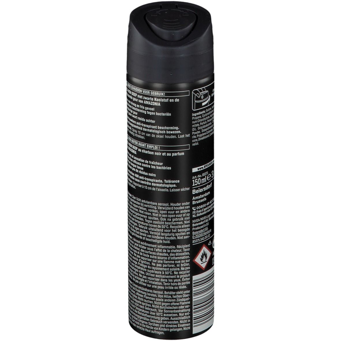 NIVEA MEN Deep Black Carbon Amazonia spray. Achterkant van de bus met tekst. Waarschuwingen en barcode.