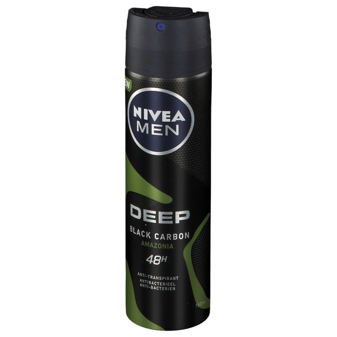NIVEA MEN Deep Black Carbon Amazonia spray. Zwarte bus met groen patroon. Logo en productnaam.