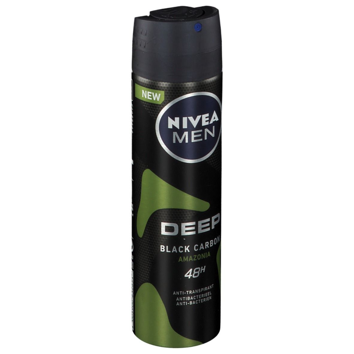 NIVEA MEN Deep Black Carbon Amazonia spray. Zwarte bus met groen patroon. Logo en productnaam.