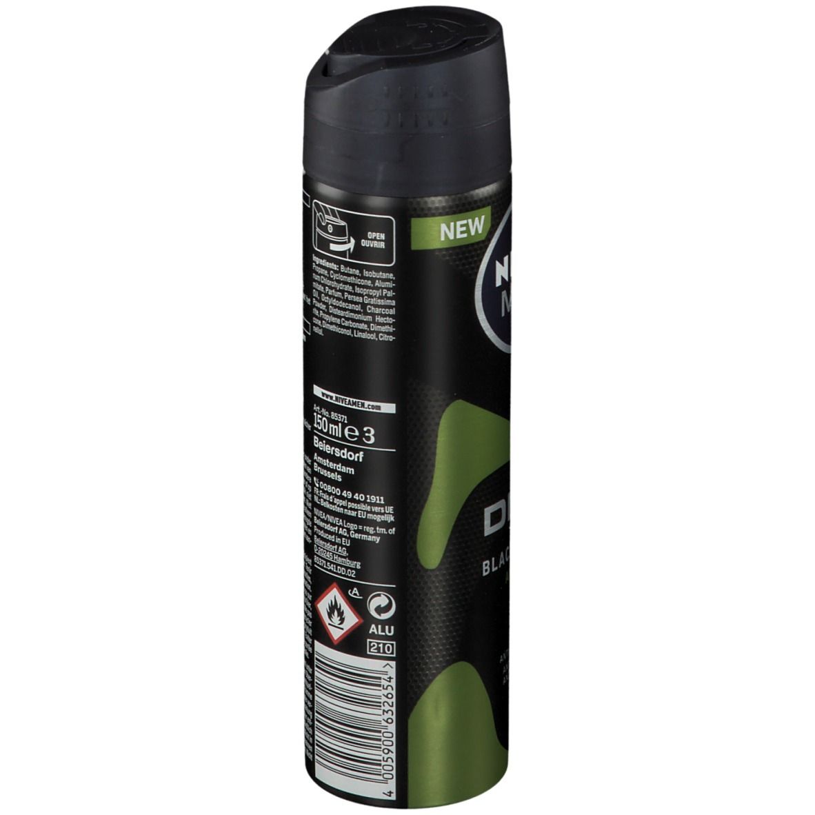 NIVEA MEN Deep Black Carbon Amazonia spray. Zijaanzicht van de bus. Tekst, waarschuwingen en barcode.
