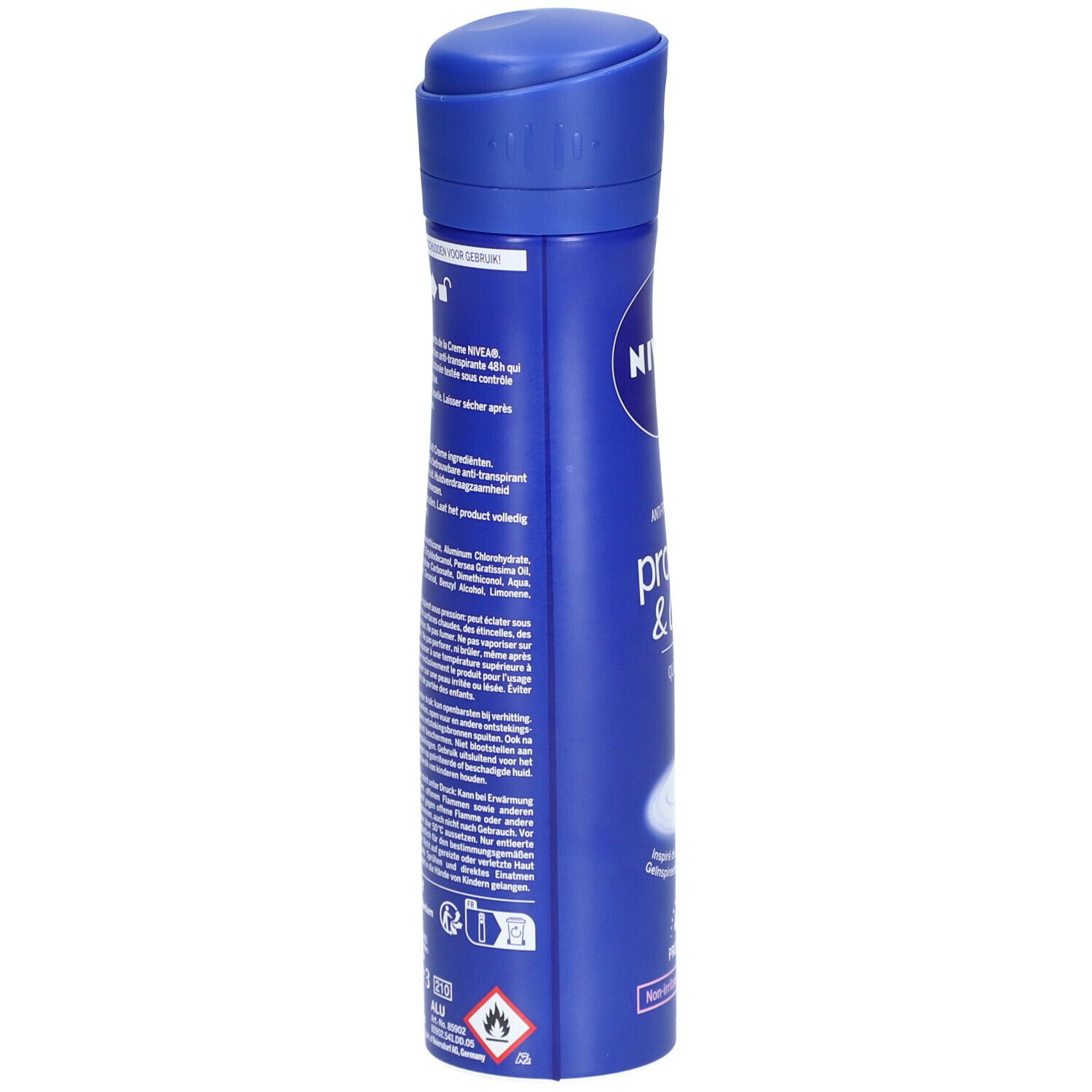 Blauwe deodorant spray. Opschrift: NIVEA, protect & care. Achterkant met meertalige tekst, waarschuwing.